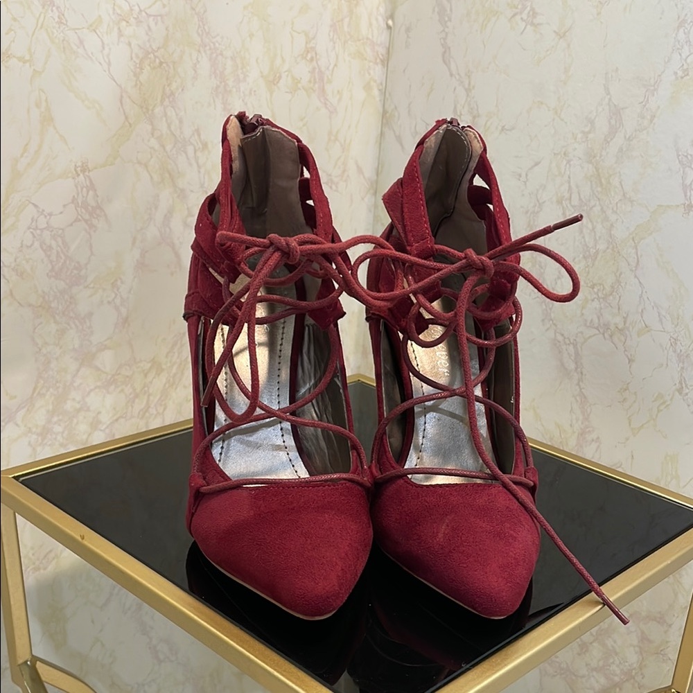 Elegant Burgundy Suede Lace-Up Heels